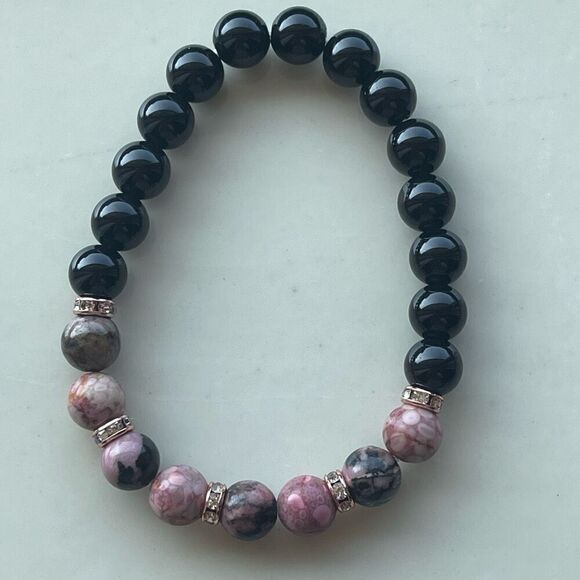 Rose coral jasper rhodonite obsidian ONE stretch bracket NEW handmade rhinestone - Picture 3 of 11